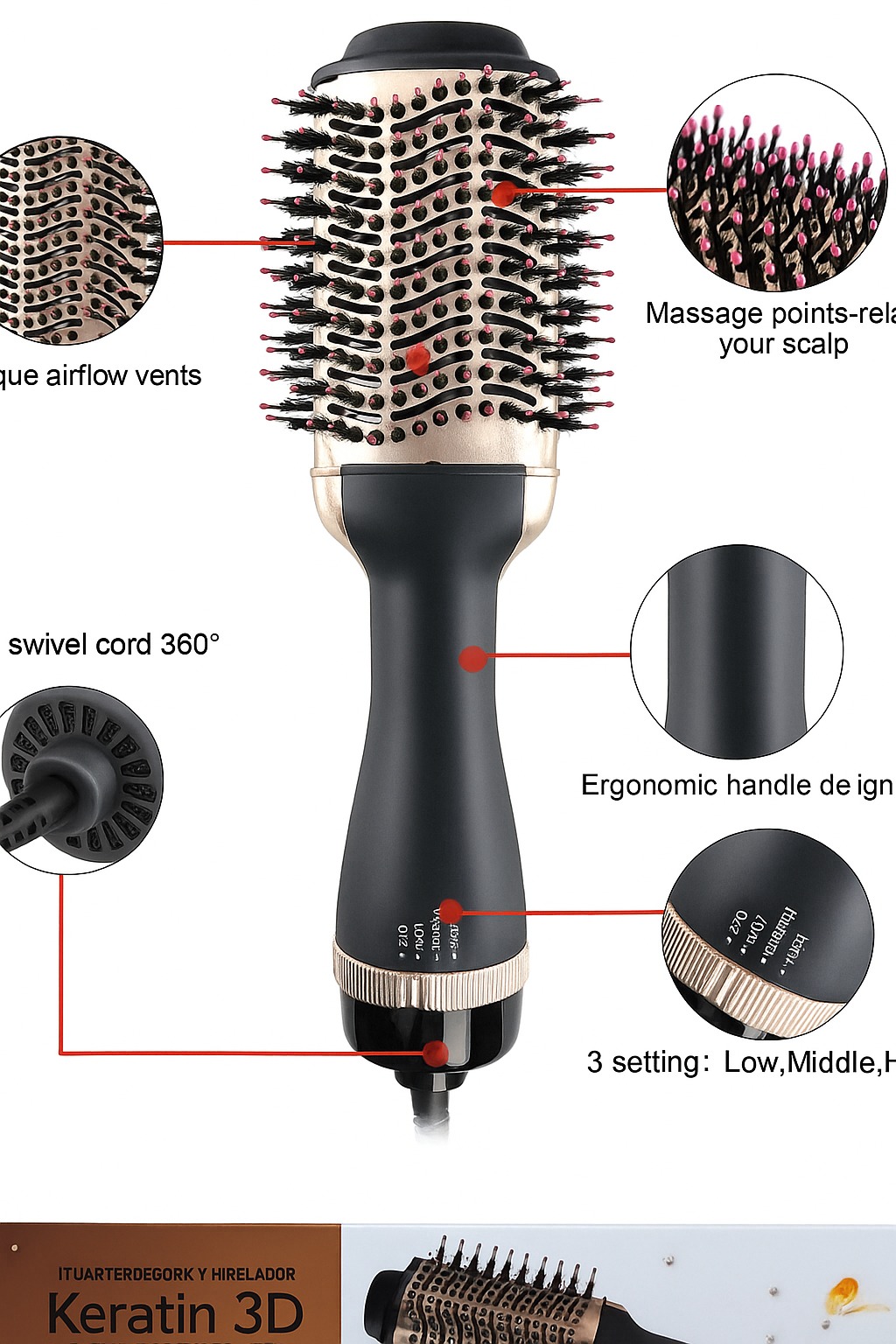 CEPILLO SECADOR KERATIN 3D PRO 1000183 RE2402 - Imagen 3