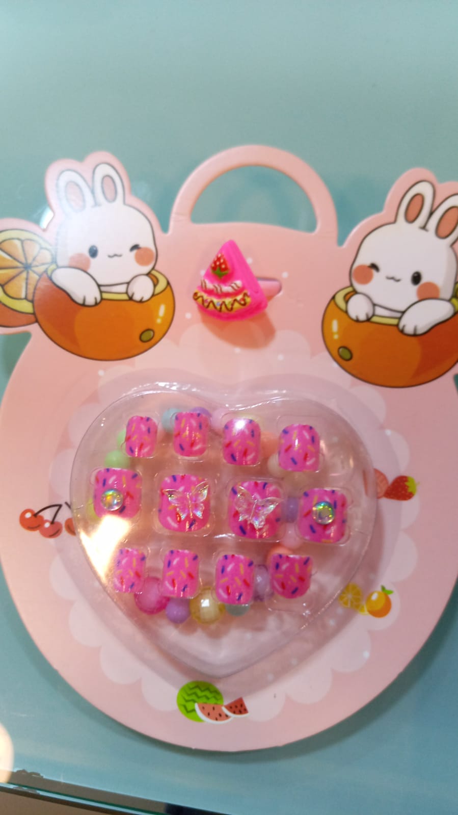 UÑAS POSTIZAS INFANTILES AUTOADHESIVAS 12 PIEZAS CON AÑILLO + PULSERA - EMPAQUE CONEJITO - FAN-537 - Imagen 1