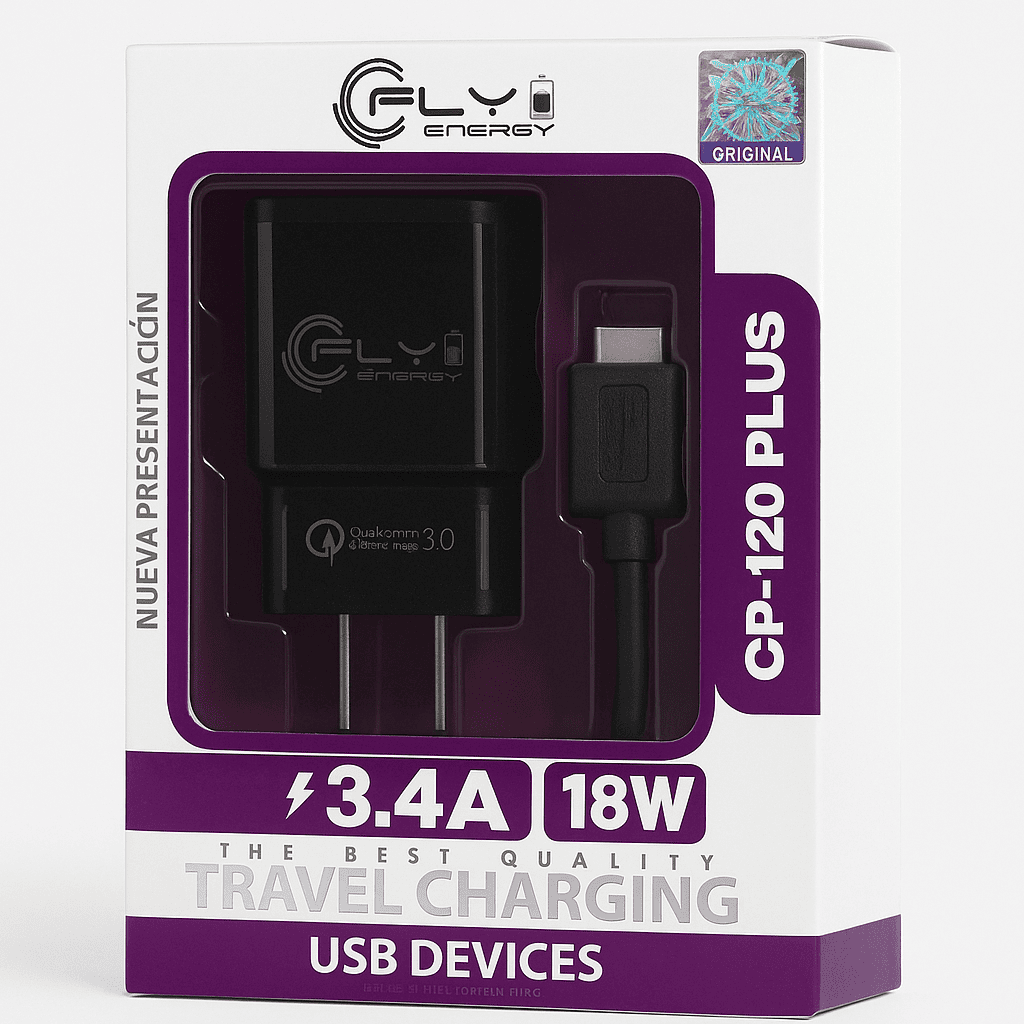 CARGADOR DE VIAJE CON CABLE USB A TIPO-C 18W  -   CP-120 PLUS - Imagen 1
